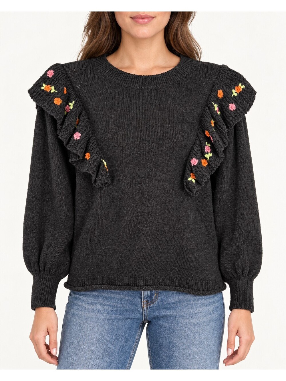 NWT Something Navy Louise Black Floral Embroidered Ruffle Sweater Size XS
